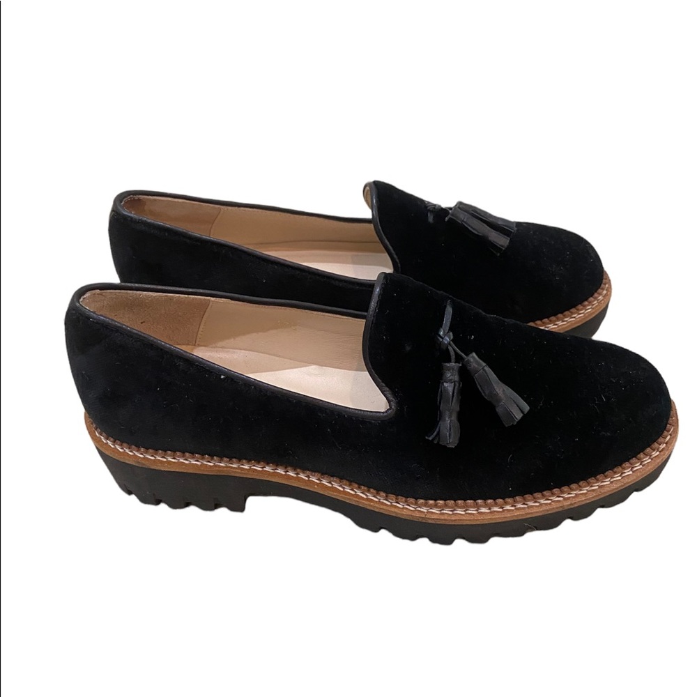 Narrow Jon josef made in Spain black velvet Gogo lug sole loafers size 37.5
